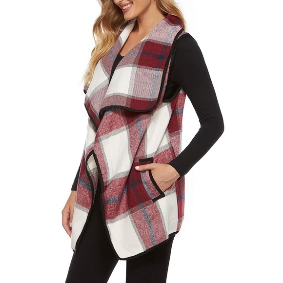 Sweaters - Vest Lapel Open Front Buffalo Plaid Sleeveless